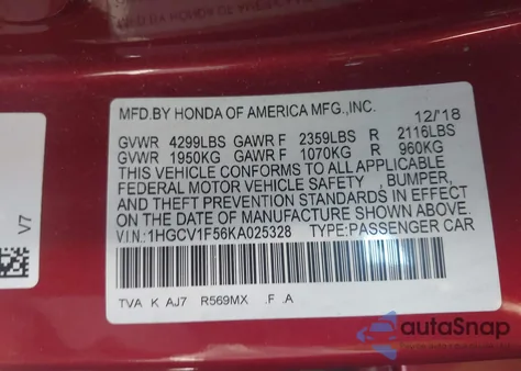 2019 Honda Accord Ex-L z USA, uszkodzony, nr VIN 1HGCV1F56KA025328